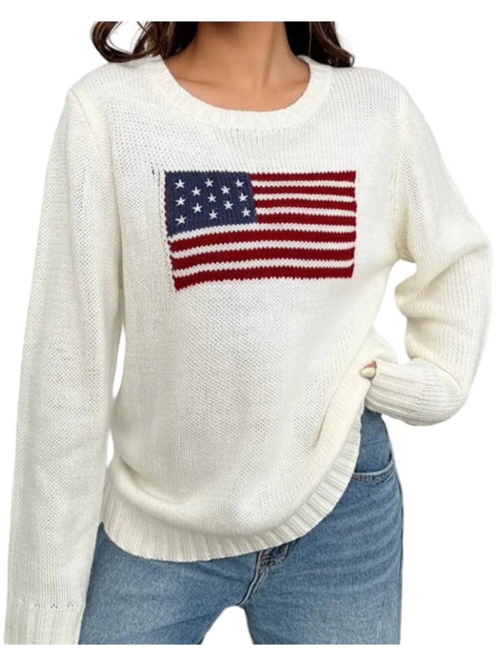 American USA Flag Stars & Stripes Round Neck Long Sleeve Pullover Knit Sweater - Picture 6 of 8